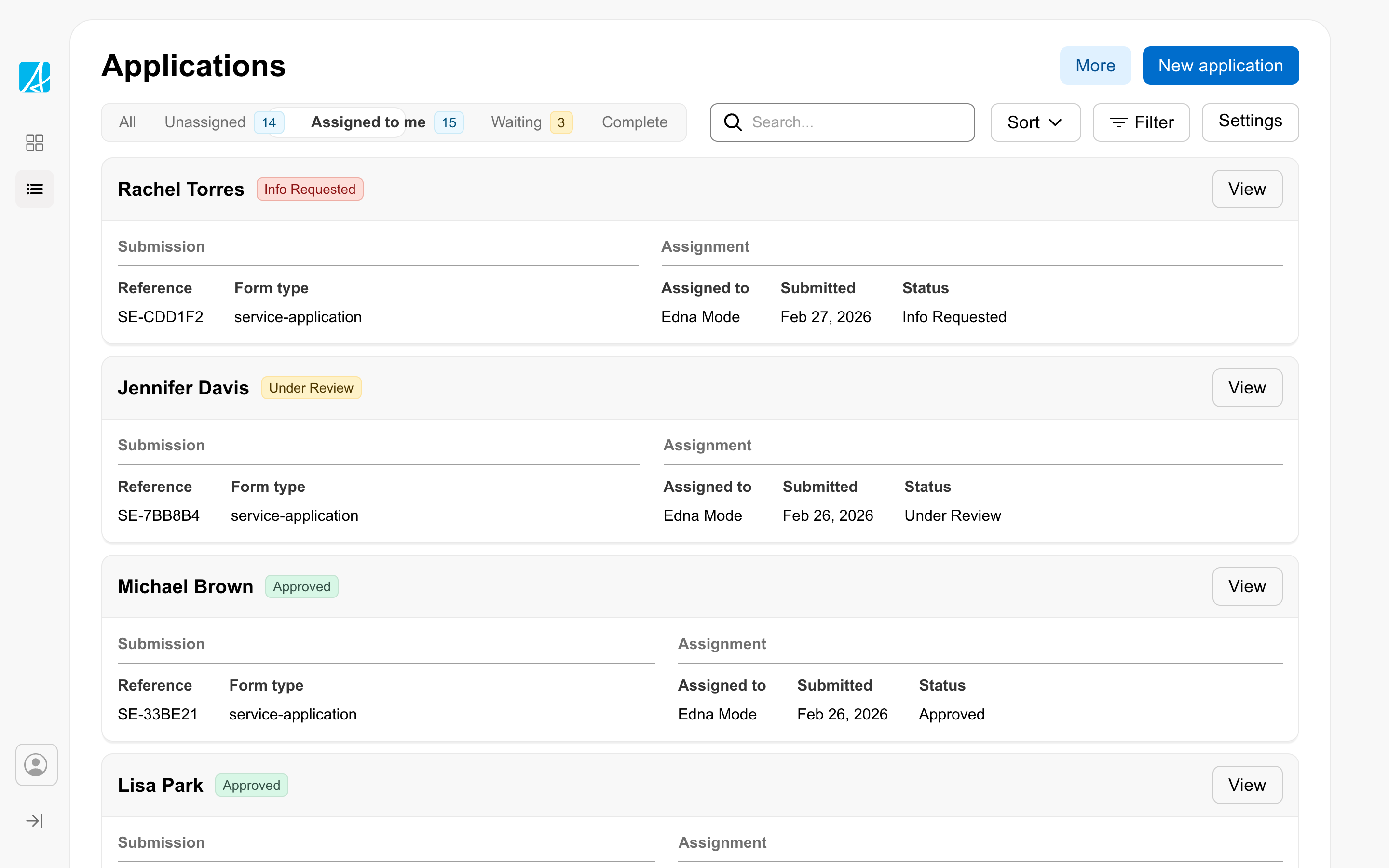 Card view of case files